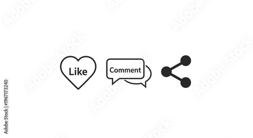 Social media icons, like, comment, share symbols, black vector graphics, flat design elements