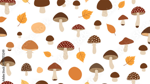 Seasonal seamless pattern featuring a variety of wild forest mushrooms and orange autumn leaves scattered across a clean white background.