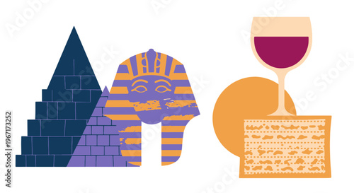 Passover Day Egypt Pyramid Pharaoh Wine Matzah Illustration