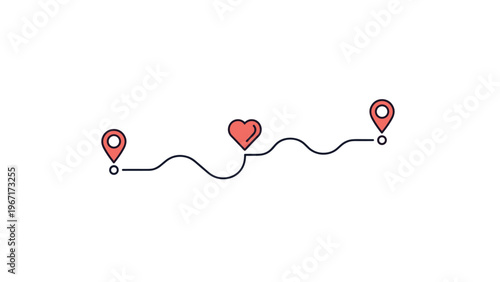 Travel route concept illustrated with two red map pins connected by a winding black line with a heart in the center, symbolizing a journey of love.