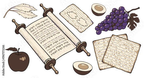 Passover Day Celebration with Torah Scroll Matzah Grapes and Apple