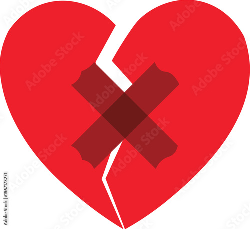 broken heart bandage repair healing red flat design illustration emotional love loss recovery symbol concept isolated background.