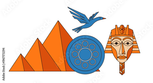 Passover Day Egyptian Pyramids Bird and Pharaoh Mask Illustration