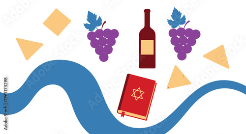 Passover Day Symbols Grapes Wine Book and River Flowing