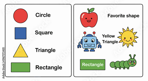 Colorful shapes and characters circle, square, triangle, rectangle, apple, robot, sun, caterpillar