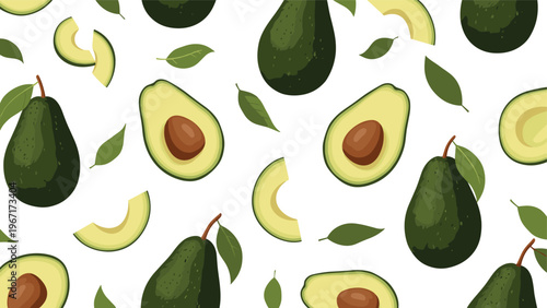 Vibrant seamless pattern featuring whole dark green avocados and light green sliced fruit with pits and scattered leaves on a white background.