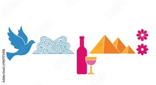 Dove and Passover Day Symbols with Pyramids and Wine Bottle Illustration