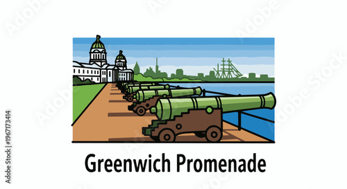 Historic cannons line a waterfront promenade with buildings and a ship