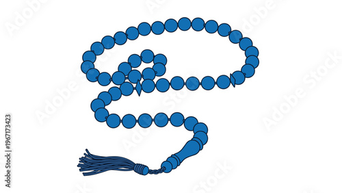 Traditional blue prayer beads or tasbih arranged in a curved line with a decorative tassel at the end isolated on a clean white background.