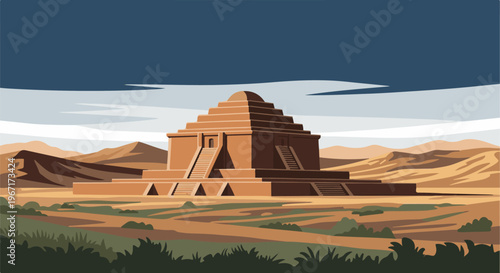 Pixelated ancient pyramid structure sits within a barren desert landscape under a moody sky