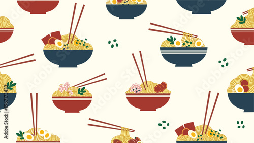 Appetizing seamless pattern of Japanese ramen noodle bowls with eggs and toppings served with wooden chopsticks on a warm cream background.