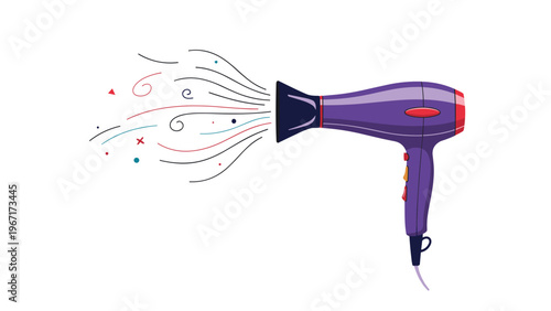 Purple professional hair dryer blowing out swirling lines and decorative shapes to represent hot air and styling on a white background.