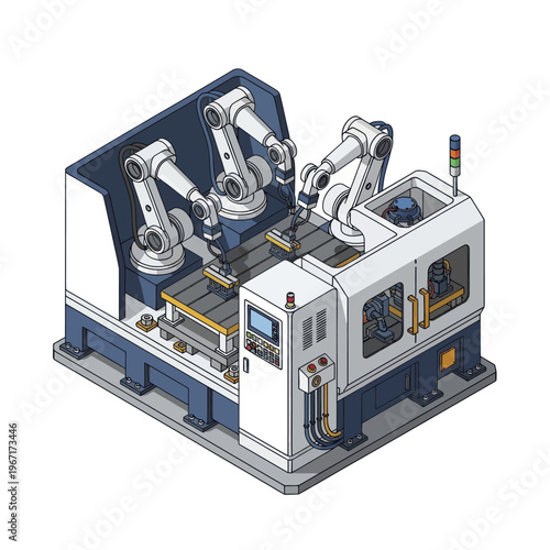 Automated Industrial Manufacturing Cell with Robotic Arms and CNC Machine.