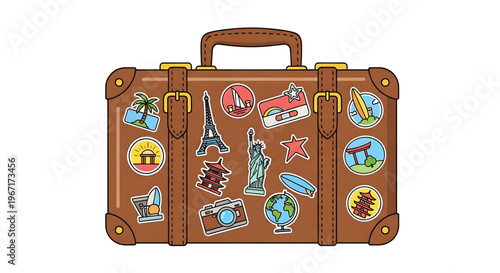 A colorful vector illustration of a vintage suitcase adorned with travel stickers