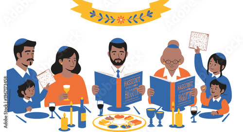 Family Celebrating Passover Day Reading Haggadah Around Table