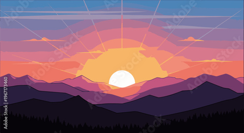 Pixel art sunrise over purple mountains with silhouetted trees