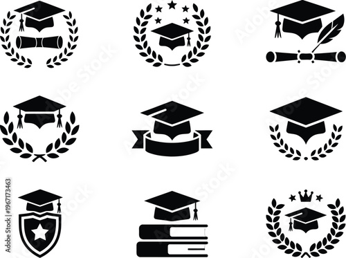 Graduation cap labels set, vector collection of academic tags and badge style elements featuring mortarboard icons for education achievement branding and graduation design.