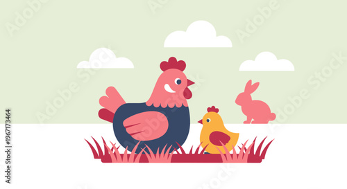 Cute Cartoon Chicken Family and Rabbit on Green Background with Clouds and Grass