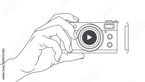 Minimalist black and white line illustration of a hand holding a modern mirrorless camera as if ready to capture a photo or video recording.