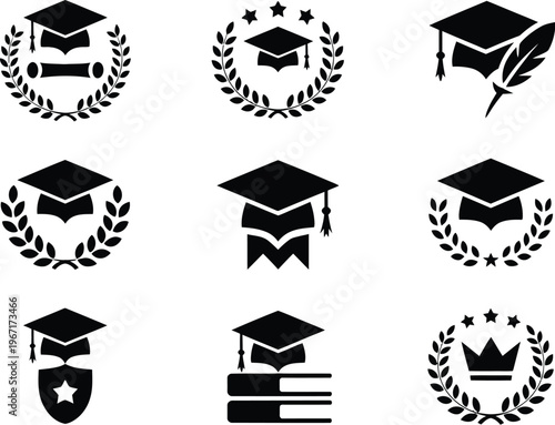 Graduation cap labels set, black and white vector design of academic emblem labels and graduation symbols including mortarboard icons for certificates and school themes.