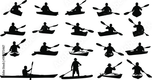 Set of eighteen black silhouettes showing people kayaking, canoeing, and paddleboarding, perfect for outdoor adventure, water sports, and summer recreation.
