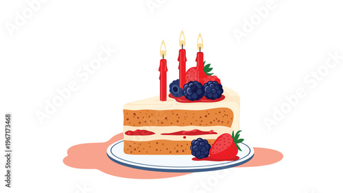 Layered cake slice topped with rich cream, red candles, and a variety of fresh berries like strawberries, blueberries, and blackberries.