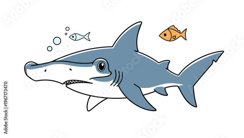 Blue hammerhead shark swimming in the ocean accompanied by two small fish and tiny air bubbles under the water on a white background.