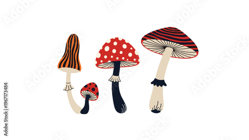 Collection of four unique stylized mushrooms including various shapes and patterns like spots and stripes against a clean white background.