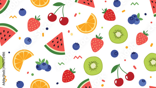 Colorful and vibrant seamless pattern of fresh fruit slices like watermelon, kiwi, and orange mixed with strawberries, cherries, and blueberries.