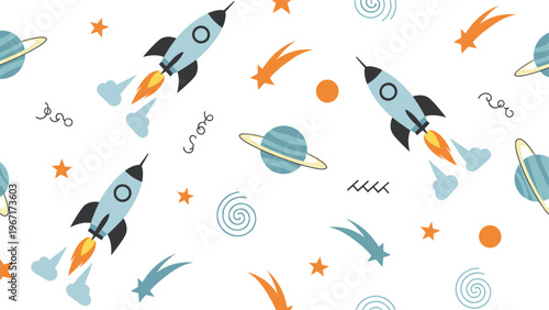 Exciting outer space seamless pattern for kids featuring blue rockets, ringed planets, shooting stars, and swirling galaxies on white.