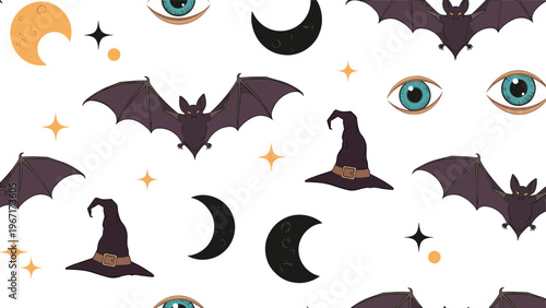 Eerie Halloween seamless pattern displaying flying bats, pointy witch hats, crescent moons, and glowing eyes on a plain white background.