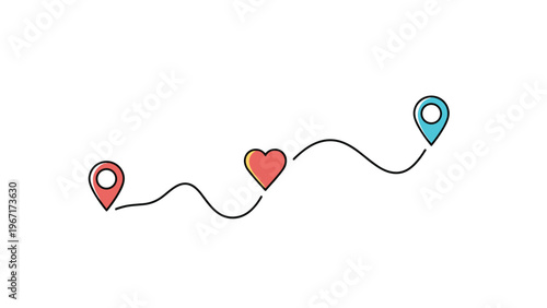Travel or relationship concept showing two map markers connected by a winding path line with a red heart in the middle on white.