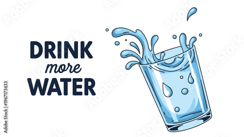 Dynamic illustration of a tilted glass overflowing with fresh water splashes next to a bold message encouraging hydration for health.
