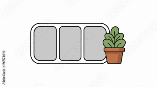 Three blank compartments with a potted plant on the right, representing a layout or organizational tool