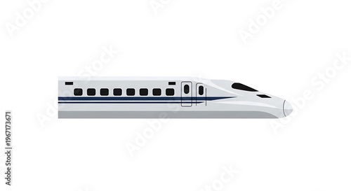 A sleek white bullet train with blue stripes travels quickly on a transparent background