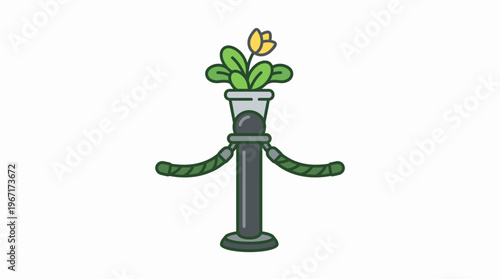 Decorative stanchion with a potted plant and rope barrier, symbolizing entry or event access