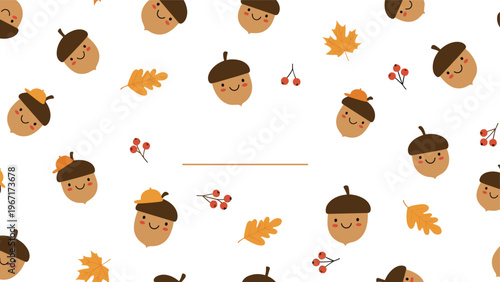 Adorable autumn seamless pattern featuring happy little acorn characters with smiling faces, oak leaves, and clusters of red berries.