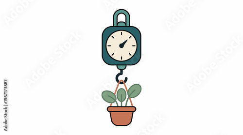 Detailed vector illustration of a precise hanging scale measuring the weight of a small, healthy potted plant, symbolizing plant care, growth monitoring, and sustainable home gardening practices