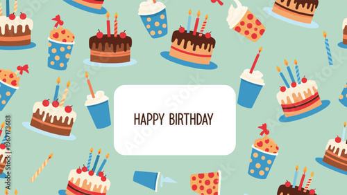 Festive birthday pattern with various chocolate cakes and candles surrounding a white box with the text happy birthday.