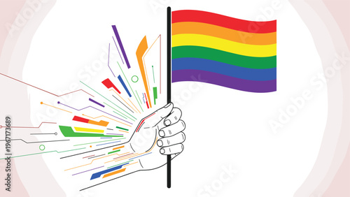 Symbolic illustration showing a hand holding the rainbow lgbtq pride flag with colorful digital lines extending from the arm.