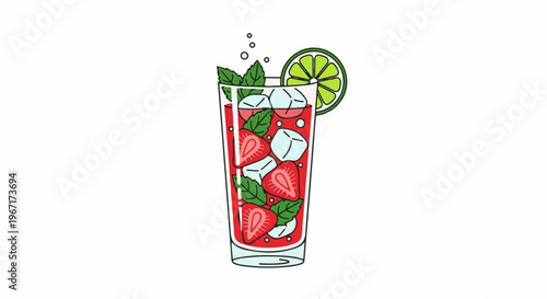 Refreshing tall glass of red drink with strawberries, ice, mint and lime