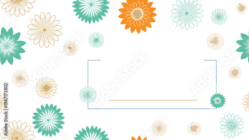 Delicate floral pattern featuring various colorful daisy-like flowers arranged around a central white rectangular frame.