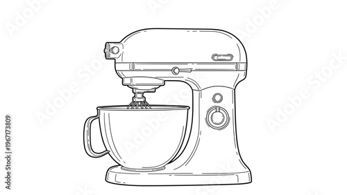 Precise line art drawing of a professional kitchen stand mixer with a mixing bowl on a clean white background.