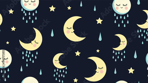 Whimsical night pattern featuring sleeping yellow crescent moons, small stars, and blue raindrops on a dark background.