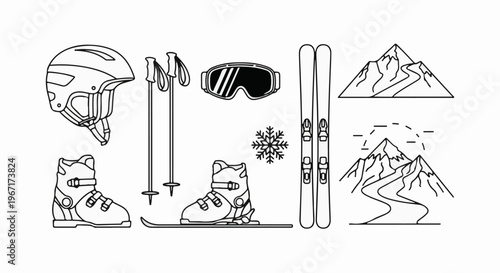 Line art of ski gear, snowflake, and mountain scenes