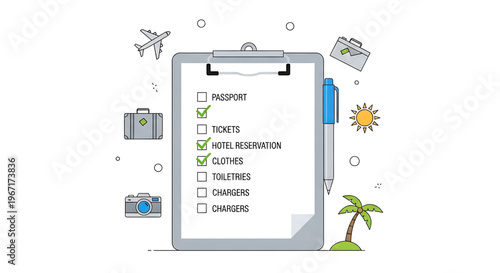 A vector graphic illustration of a travel checklist on a clipboard with various travel-related icons around it.