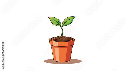 Simple illustration of a young green seedling with two leaves growing from soil in a classic orange terracotta flower pot.
