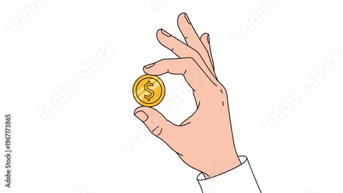 Hand holding a shiny gold dollar coin between fingers against a plain white background for finance and savings concepts.