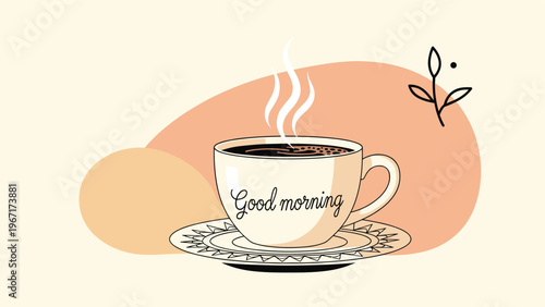 Warm cup of steaming coffee with the text good morning written on it, set against an abstract peach background.