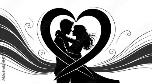 Romantic couple silhouette kissing in heart shape with swirling lines on white background